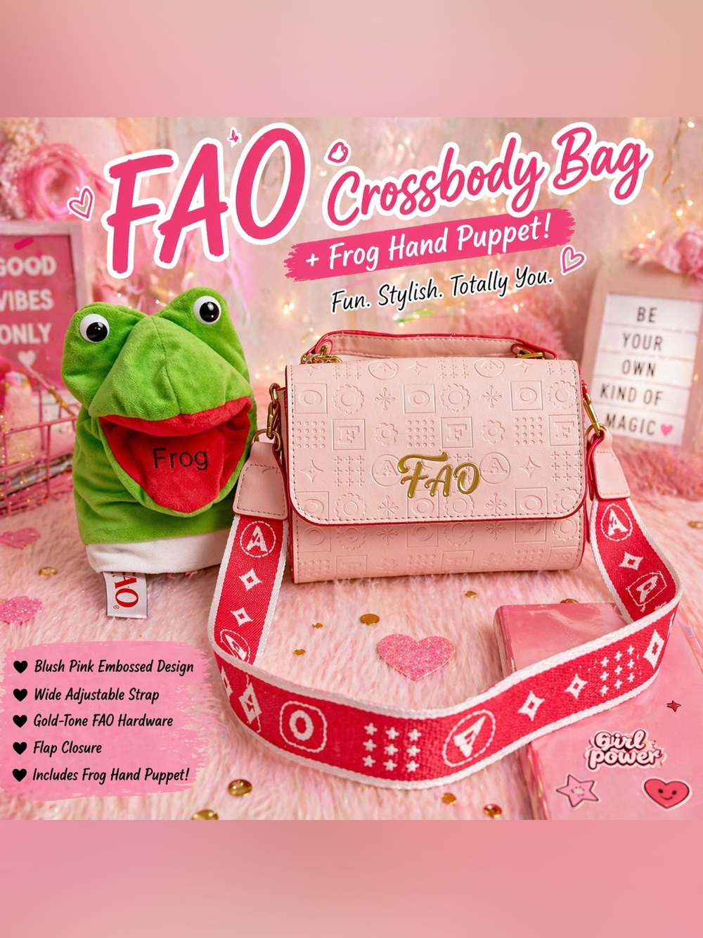 FAO Blush Pink Embossed Crossbody Bag w/ Red Strap + Frog Hand Puppet